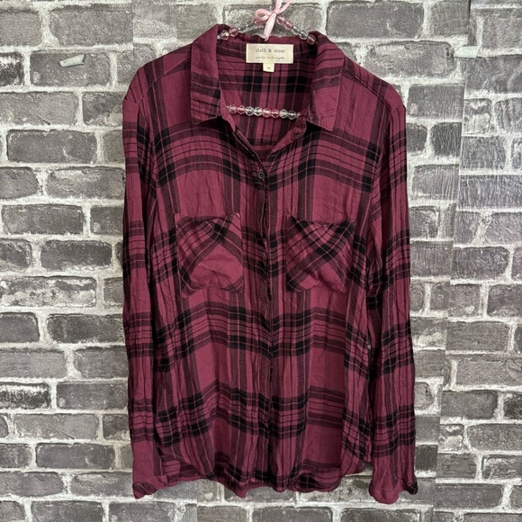Cloth & Stone plaid button down shirt maroon black blouse - Picture 1 of 10